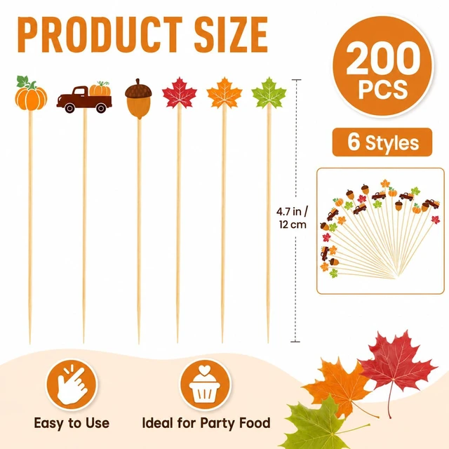 Alt view image 7 of 7 - Fall Cocktail Picks 200 Pcs Bamboo Toothpicks Thanksgiving Sticks | Autumn Pumpkins Maple Leaf Party Decoration for Fruit Skewers Sandwich Appetizer Drink