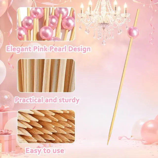 Alt view image 2 of 7 - 200 PCS Pink Pearl Cocktail Picks, Pink Fancy Toothpicks for Appetizers | 4.7 Inch Long Decorative Bamboo Cocktail Skewers for Sandwich Food Fruit Charcuterie, Wedding Decor Bridal Shower Decorations