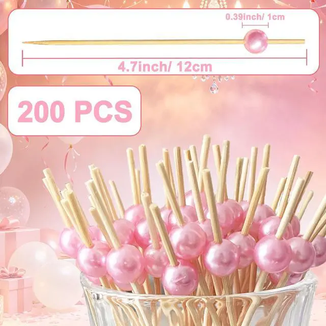 Alt view image 3 of 7 - 200 PCS Pink Pearl Cocktail Picks, Pink Fancy Toothpicks for Appetizers | 4.7 Inch Long Decorative Bamboo Cocktail Skewers for Sandwich Food Fruit Charcuterie, Wedding Decor Bridal Shower Decorations