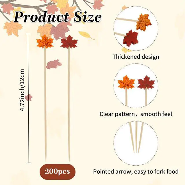 Alt view image 2 of 7 - Fall Thanksgiving Cocktail Picks, 200 Pcs Maple Leaves Cocktail Toothpicks, Fancy Bamboo Toothpicks Skewers for Appetizers Charcuterie Food Fruit Drinks AutumnThanksgiving Themed Party Decor Supplies