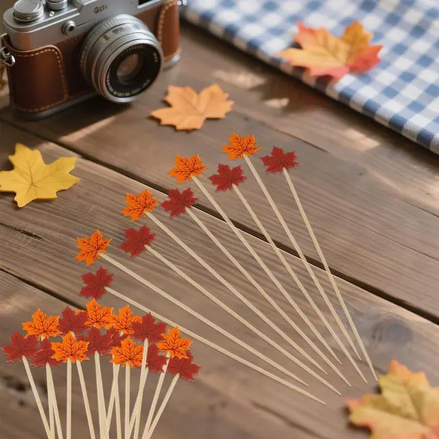 Alt view image 3 of 7 - Fall Thanksgiving Cocktail Picks, 200 Pcs Maple Leaves Cocktail Toothpicks, Fancy Bamboo Toothpicks Skewers for Appetizers Charcuterie Food Fruit Drinks AutumnThanksgiving Themed Party Decor Supplies