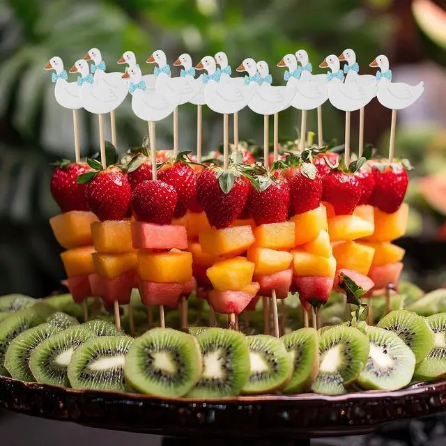 Alt view image 6 of 7 - Blue 150 Pcs Cocktail Picks 5.9 Inch goose duck Toothpicks for Appetizers Fancy Decorative Toothpicks Natural Bamboo Cocktail Skewer for Sandwich Cake Dessert Fruit Party Decoration (Goose)