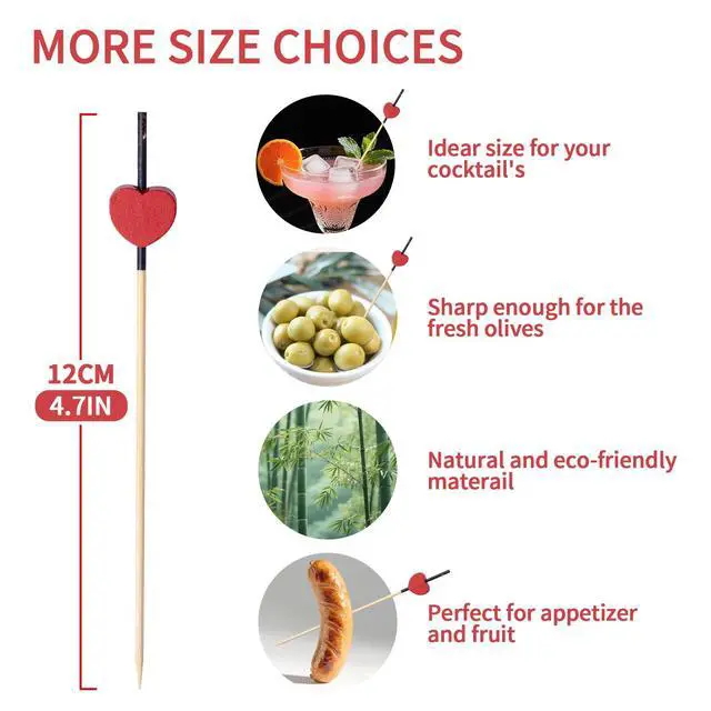 Alt view image 2 of 6 - 200PCS Cocktail Picks 4.7" Red Heart Toothpicks Mini Mini Food Sticks | Skewers for Drinks, Desserts, Charcuterie, Sandwich, Fruit, Decorative Wedding Party Decor