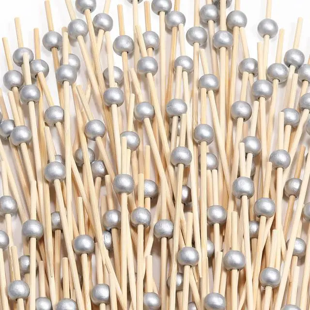Main image of 200 Pcs Cocktail Picks, Fancy Toothpicks for Appetizers, Mini Food Picks | Bamboo Cocktail Sticks Skewers for Drinks, Desserts, Charcuterie, 4.7 Inch Decorative Wedding Party Silver Ball Tooth Picks