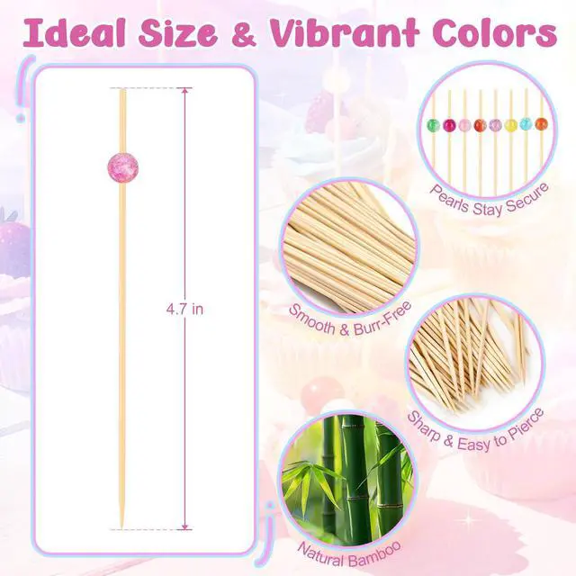 Alt view image 2 of 7 - 200PCS Cocktail Picks, Colored Pearl Fancy Toothpicks for Appetizers | 4.7 in Long Decorative Bamboo Skewers, Wooden Garnish Sticks for Food, Drinks, Fruit, Charcuterie Accessories, Party Supplies