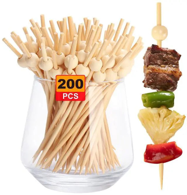 Main image of 200PCS Cocktail Picks, Natural Fancy Toothpicks for Appetizers | Wooden Ball Bamboo Skewers, 4.7 in Long Decorative Cocktail Sticks for Drinks, Food, Fruit, Charcuterie Accessories, Party