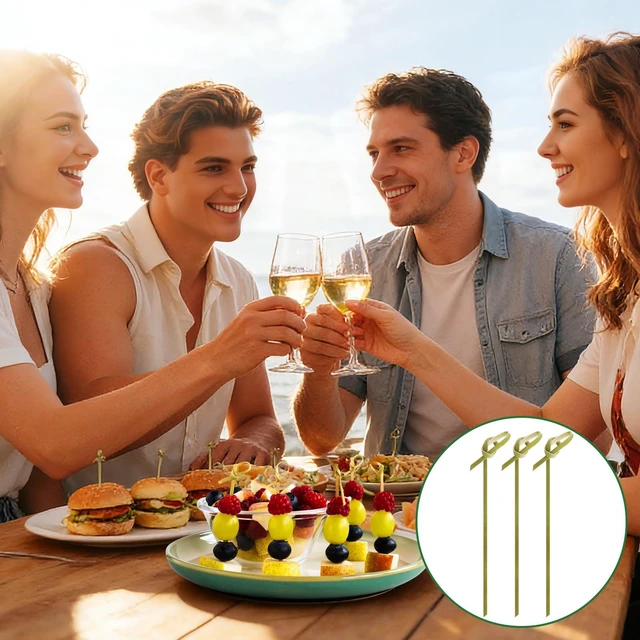 Alt view image 6 of 7 - 200 Pcs 4.7 Inch Bamboo Cocktail Picks,Bamboo Skewers for Fruit | Fancy Knot Appetizer Skewers,Eco-Friendly Biodegradable Cocktail Sticks for Drinks, Fruit, Charcuterie, Party Supplies