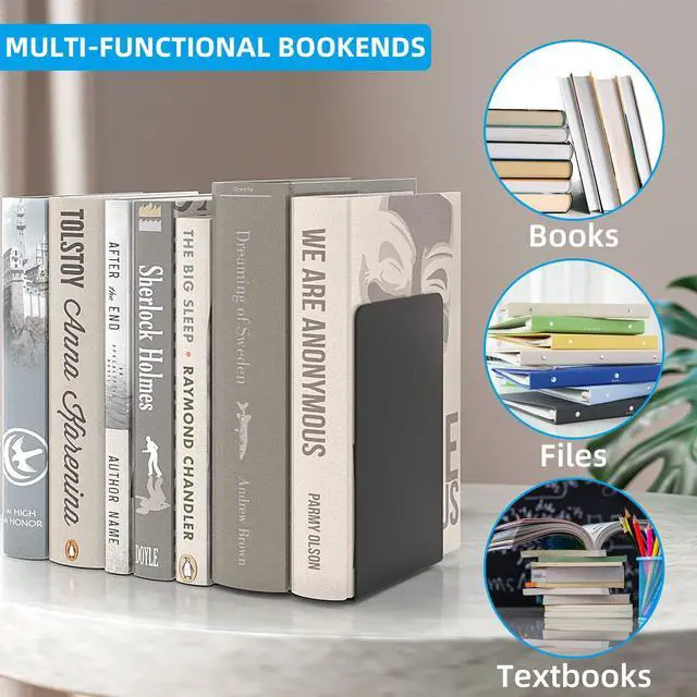 Alt view image 6 of 7 - Bookends 3 Pairs, Black Metal Book Ends, Heavy Bookends for Shelves, Book Stopper for Heavy Books, Book Organizer for Home Office School Supplies
