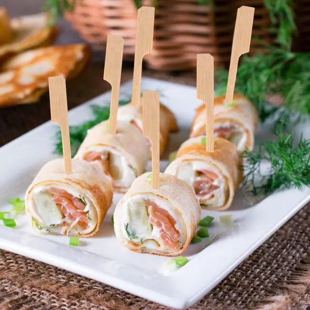Alt view image 3 of 7 - 200 PCS Bamboo Skewers for Appetizers, 4.7 Inch Toothpicks Cocktail Picks | Mini Food Sticks for Drinks, Fruit Kababs, Sausage, Barbecue Snacks, Natural Wooden Paddle Skewer, Charcuterie Accessories
