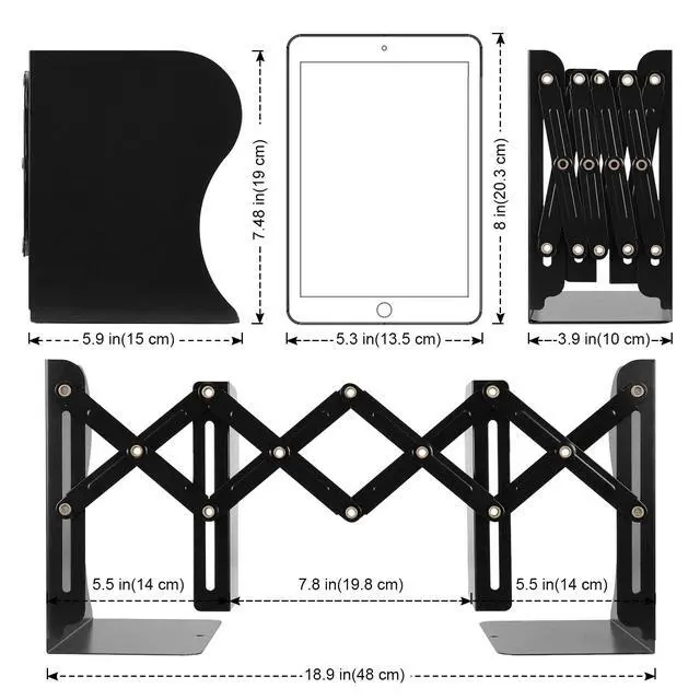 Alt view image 2 of 6 - 2 Pack Adjustable Metal Book Ends for Heavy Books, Extends Up to 19", Black | Bookends with 2 Dividers , Book Dividers for Shelves, Nonslip Book Stander for Desk, Shelf, Office, Stationery Gift
