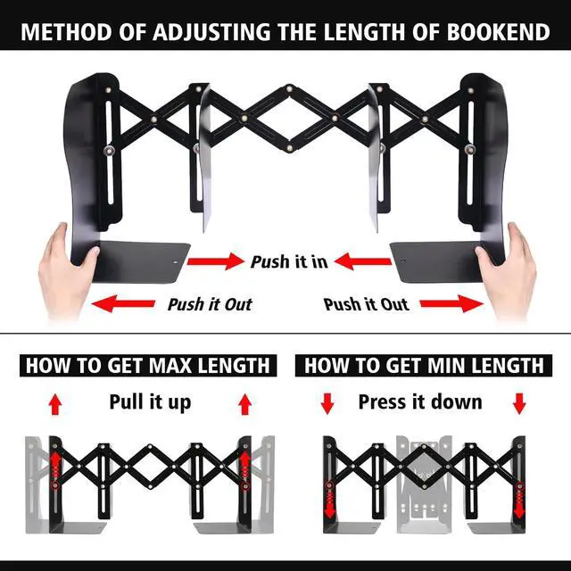 Alt view image 3 of 6 - 2 Pack Adjustable Metal Book Ends for Heavy Books, Extends Up to 19", Black | Bookends with 2 Dividers , Book Dividers for Shelves, Nonslip Book Stander for Desk, Shelf, Office, Stationery Gift