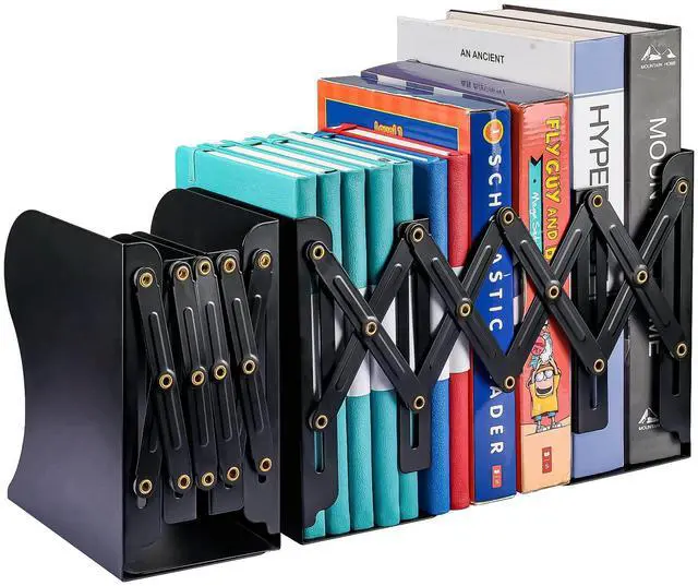 Main image of 2 Pack Adjustable Metal Book Ends for Heavy Books, Extends Up to 19", Black | Bookends with 2 Dividers , Book Dividers for Shelves, Nonslip Book Stander for Desk, Shelf, Office, Stationery Gift