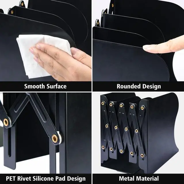 Alt view image 4 of 6 - 2 Pack Adjustable Metal Book Ends for Heavy Books, Extends Up to 19", Black | Bookends with 2 Dividers , Book Dividers for Shelves, Nonslip Book Stander for Desk, Shelf, Office, Stationery Gift