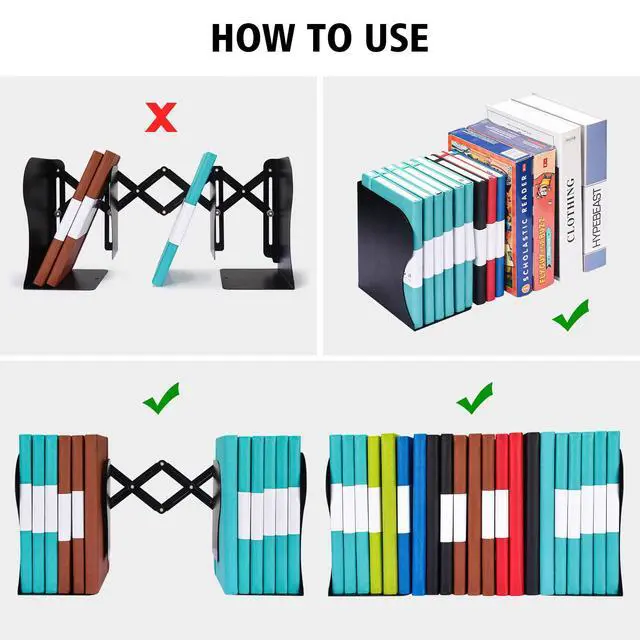 Alt view image 5 of 6 - 2 Pack Adjustable Metal Book Ends for Heavy Books, Extends Up to 19", Black | Bookends with 2 Dividers , Book Dividers for Shelves, Nonslip Book Stander for Desk, Shelf, Office, Stationery Gift
