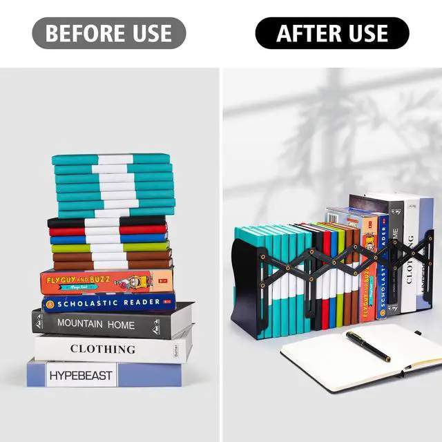 Alt view image 6 of 6 - 2 Pack Adjustable Metal Book Ends for Heavy Books, Extends Up to 19", Black | Bookends with 2 Dividers , Book Dividers for Shelves, Nonslip Book Stander for Desk, Shelf, Office, Stationery Gift