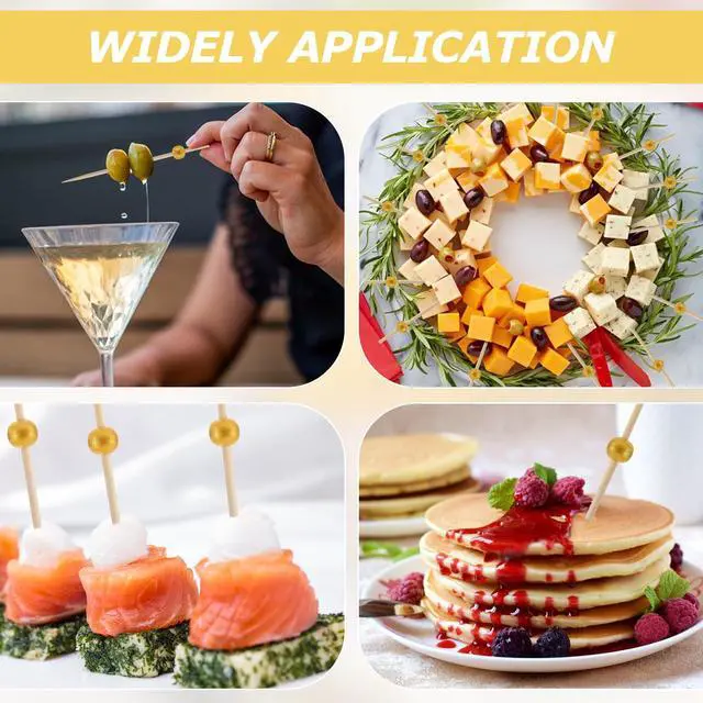 Alt view image 7 of 7 - 200 PCS Bamboo Cocktail Sticks Skewers, 4.7 Inch Toothpicks for Appetizers for Drinks, Desserts, Fruit, Party, Charcuterie, Fancy Toothpicks, Gold Wooden Mini Food Picks Decorative