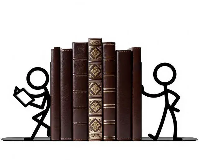 Main image of 2 Pcs Reader Metal Bookends, Cute Book Ends for Shelves, Black | Cute stick figure reader book ends hold heavy books, CDs, DVDs; non-slip base; for bookshelf, office, library & classroom