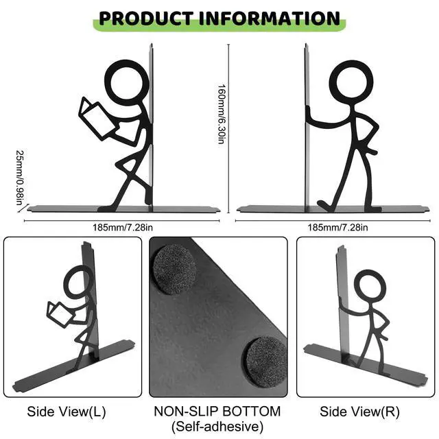Alt view image 2 of 7 - 2 Pcs Reader Metal Bookends, Cute Book Ends for Shelves, Black | Cute stick figure reader book ends hold heavy books, CDs, DVDs; non-slip base; for bookshelf, office, library & classroom