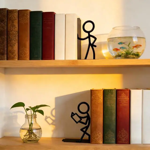 Alt view image 3 of 7 - 2 Pcs Reader Metal Bookends, Cute Book Ends for Shelves, Black | Cute stick figure reader book ends hold heavy books, CDs, DVDs; non-slip base; for bookshelf, office, library & classroom