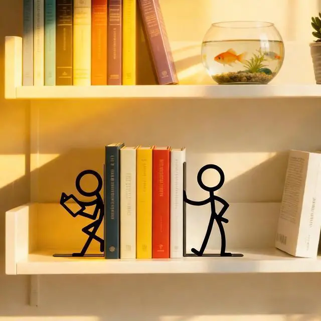 Alt view image 4 of 7 - 2 Pcs Reader Metal Bookends, Cute Book Ends for Shelves, Black | Cute stick figure reader book ends hold heavy books, CDs, DVDs; non-slip base; for bookshelf, office, library & classroom