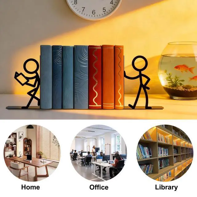 Alt view image 5 of 7 - 2 Pcs Reader Metal Bookends, Cute Book Ends for Shelves, Black | Cute stick figure reader book ends hold heavy books, CDs, DVDs; non-slip base; for bookshelf, office, library & classroom