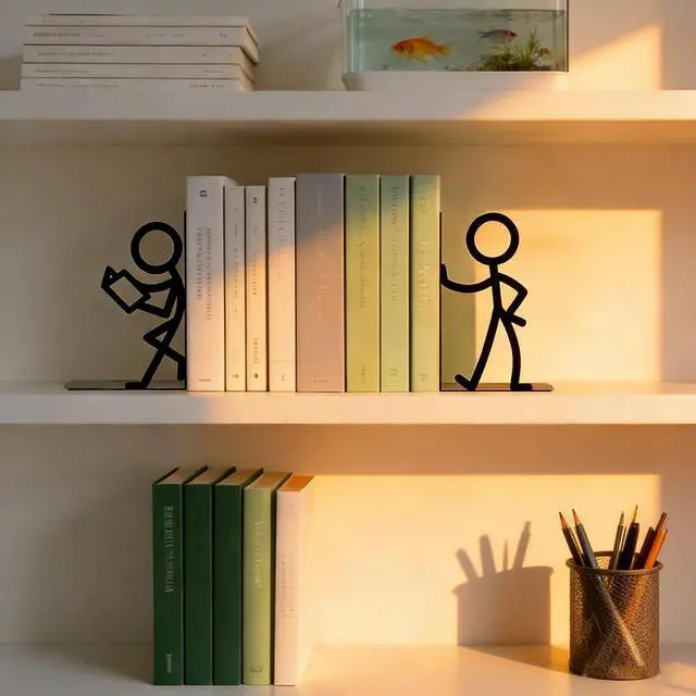 Alt view image 7 of 7 - 2 Pcs Reader Metal Bookends, Cute Book Ends for Shelves, Black | Cute stick figure reader book ends hold heavy books, CDs, DVDs; non-slip base; for bookshelf, office, library & classroom