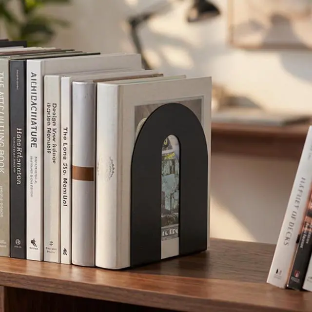 Alt view image 4 of 5 - Heavy Weighted Metal Bookends Set of 2, 10-Inch Steel Book Ends for Shelves, Non-Skid Base Book Supports for Books, Binders, and Office Organization, Black