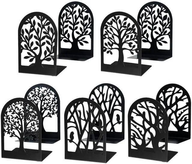 Main image of Tree Bookends 10 Pack Black Metal Heavy Duty Book Supports for Shelves | Black Metal, Tree Silhouette Design, 5 Pairs, Sturdy Book Supports, for Home Office School and Library Shelves