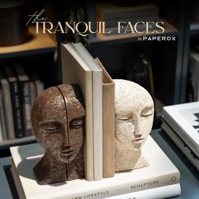 Alt view image 3 of 7 - Heavy Duty Bookends for Heavy Books, Book Ends for Shelves, Unique Decorative Book Ends, Aesthetic Bookshelf Decor, Modern Home Decor Sculptural Book Holder/Book Stoppers, The Tranquil Faces
