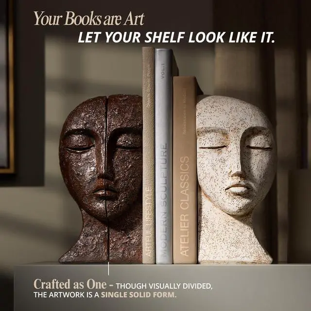 Alt view image 6 of 7 - Heavy Duty Bookends for Heavy Books, Book Ends for Shelves, Unique Decorative Book Ends, Aesthetic Bookshelf Decor, Modern Home Decor Sculptural Book Holder/Book Stoppers, The Tranquil Faces