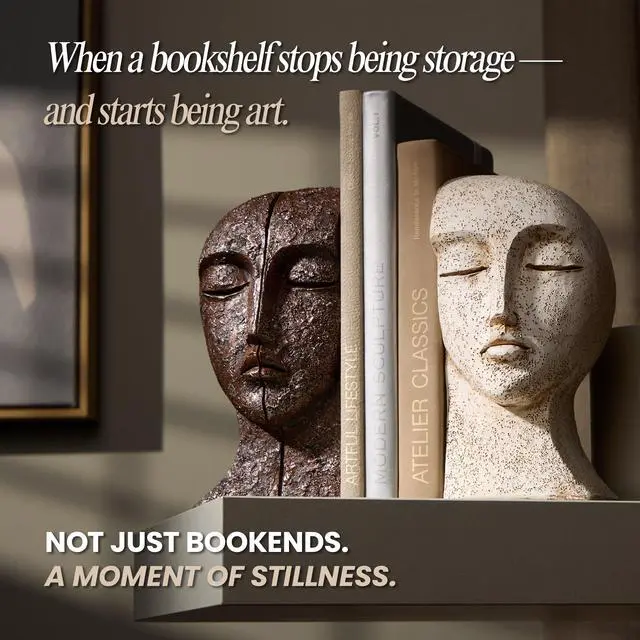 Alt view image 4 of 7 - Heavy Duty Bookends for Heavy Books, Book Ends for Shelves, Unique Decorative Book Ends, Aesthetic Bookshelf Decor, Modern Home Decor Sculptural Book Holder/Book Stoppers, The Tranquil Faces