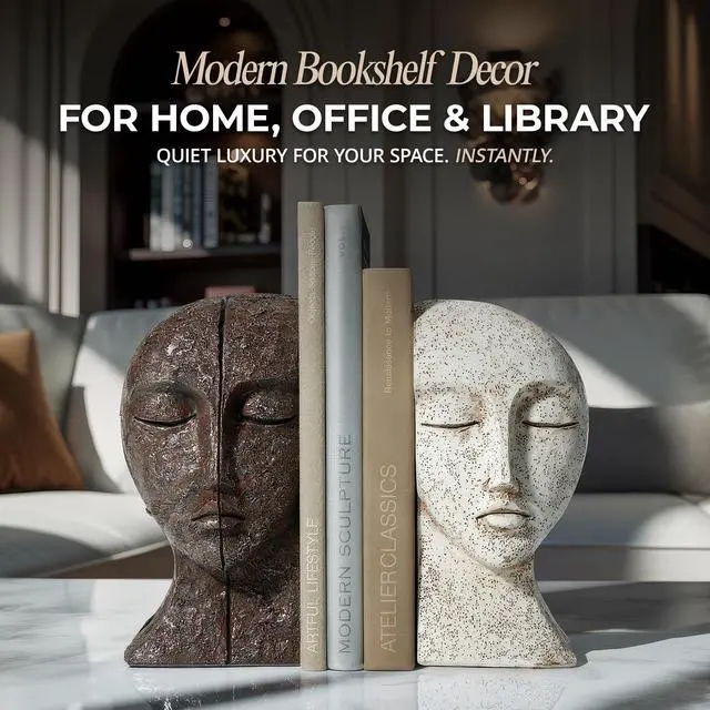 Alt view image 7 of 7 - Heavy Duty Bookends for Heavy Books, Book Ends for Shelves, Unique Decorative Book Ends, Aesthetic Bookshelf Decor, Modern Home Decor Sculptural Book Holder/Book Stoppers, The Tranquil Faces