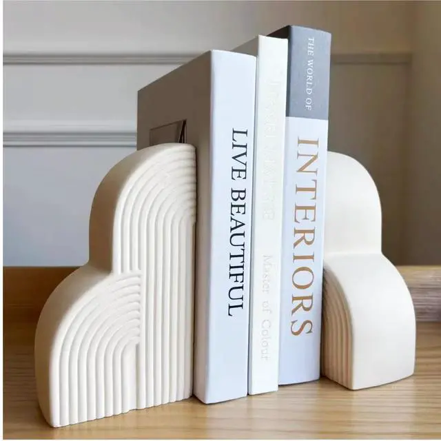 Main image of Bookends Decorative for Heavy Books - Aesthetic Boho Style, Cream White | Book Ends for Shelves - heavy-duty 6.4 lbs concrete decorative bookends (set of 2) provides maximum support for large books