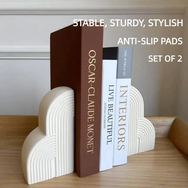 Alt view image 4 of 6 - Bookends Decorative for Heavy Books - Aesthetic Boho Style, Cream White | Book Ends for Shelves - heavy-duty 6.4 lbs concrete decorative bookends (set of 2) provides maximum support for large books