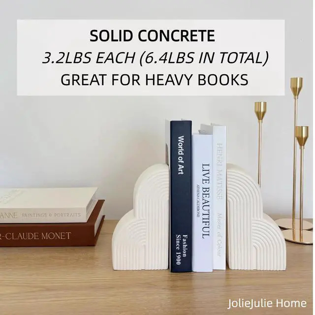 Alt view image 2 of 6 - Bookends Decorative for Heavy Books - Aesthetic Boho Style, Cream White | Book Ends for Shelves - heavy-duty 6.4 lbs concrete decorative bookends (set of 2) provides maximum support for large books