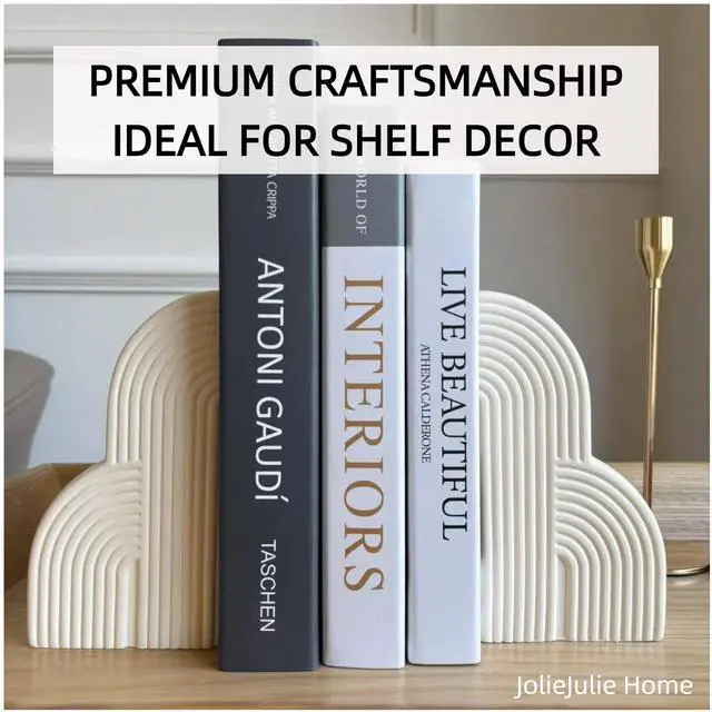 Alt view image 5 of 6 - Bookends Decorative for Heavy Books - Aesthetic Boho Style, Cream White | Book Ends for Shelves - heavy-duty 6.4 lbs concrete decorative bookends (set of 2) provides maximum support for large books