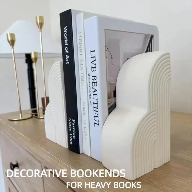 Alt view image 6 of 6 - Bookends Decorative for Heavy Books - Aesthetic Boho Style, Cream White | Book Ends for Shelves - heavy-duty 6.4 lbs concrete decorative bookends (set of 2) provides maximum support for large books