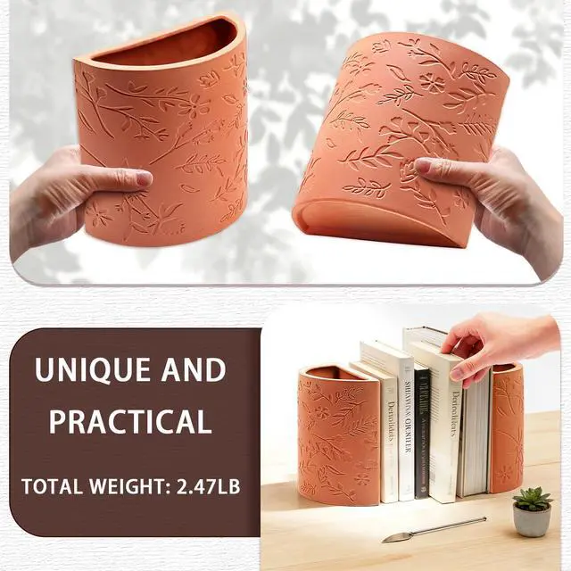 Alt view image 3 of 7 - Decorative Bookends, Terracotta Flower Pot Book Ends for Shelves | Kitchen Bookends Novelty Plant Pot Holder, Office Book Shelf Accessories with Funny Indoor Plants Pot