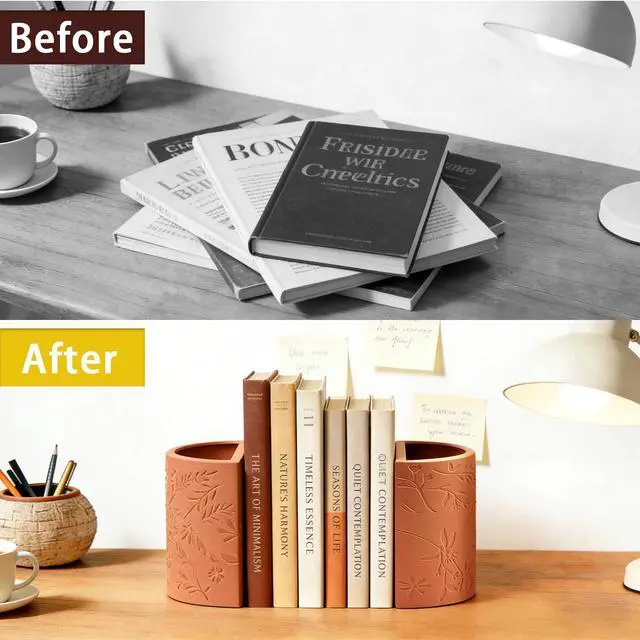 Alt view image 5 of 7 - Decorative Bookends, Terracotta Flower Pot Book Ends for Shelves | Kitchen Bookends Novelty Plant Pot Holder, Office Book Shelf Accessories with Funny Indoor Plants Pot