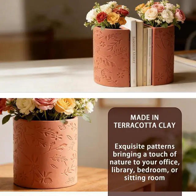 Alt view image 6 of 7 - Decorative Bookends, Terracotta Flower Pot Book Ends for Shelves | Kitchen Bookends Novelty Plant Pot Holder, Office Book Shelf Accessories with Funny Indoor Plants Pot