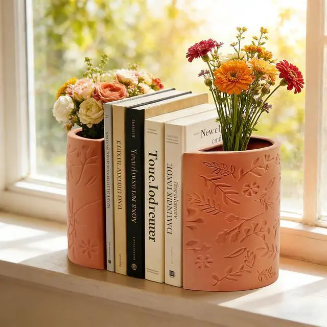 Alt view image 7 of 7 - Decorative Bookends, Terracotta Flower Pot Book Ends for Shelves | Kitchen Bookends Novelty Plant Pot Holder, Office Book Shelf Accessories with Funny Indoor Plants Pot