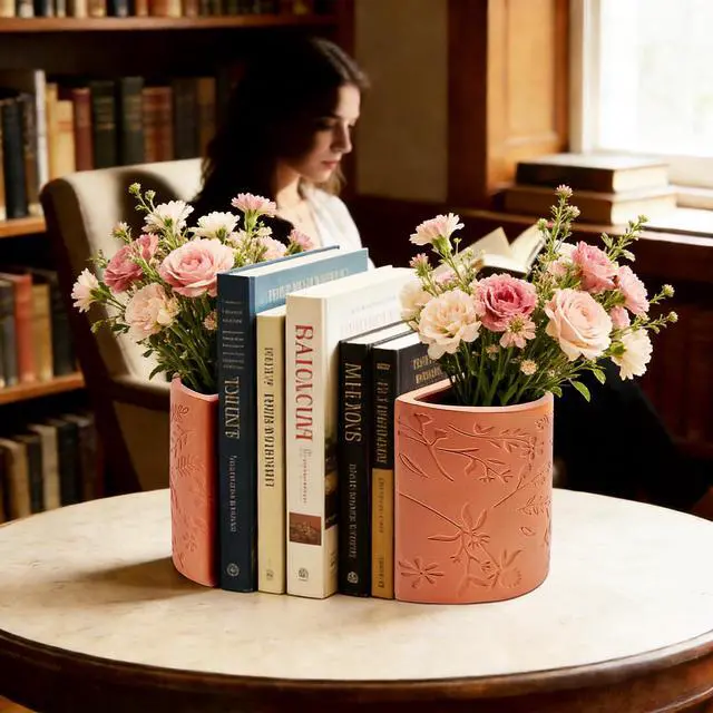 Alt view image 4 of 7 - Decorative Bookends, Terracotta Flower Pot Book Ends for Shelves | Kitchen Bookends Novelty Plant Pot Holder, Office Book Shelf Accessories with Funny Indoor Plants Pot