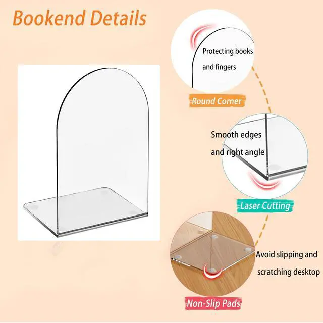 Alt view image 3 of 6 - Acrylic Book Ends 4 Pcs, Clear Bookends, Bookend Organizer for Shelves | Transparent Book Stoppers, Decorative Book Holder Stand for Heavy Books, CD, Book Shelves, File, Video Games