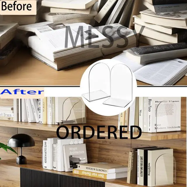 Alt view image 4 of 6 - Acrylic Book Ends 4 Pcs, Clear Bookends, Bookend Organizer for Shelves | Transparent Book Stoppers, Decorative Book Holder Stand for Heavy Books, CD, Book Shelves, File, Video Games