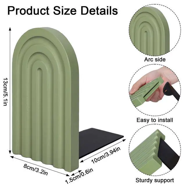Alt view image 2 of 7 - 4 Pcs Boho Wooden Arch Bookends, Sage Green Rainbow, 4 Colors | Non-Skid Book Stoppers, Study Decorative Bookend for Heavy Books, Back to School