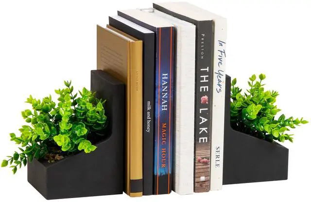 Main image of Contemporary Planter Bookends, Book Holders with Faux Greenery, Decorative Desktop or Shelf Organizer, Cement, Set of 2, Black