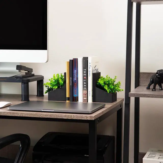 Alt view image 2 of 5 - Contemporary Planter Bookends, Book Holders with Faux Greenery, Decorative Desktop or Shelf Organizer, Cement, Set of 2, Black