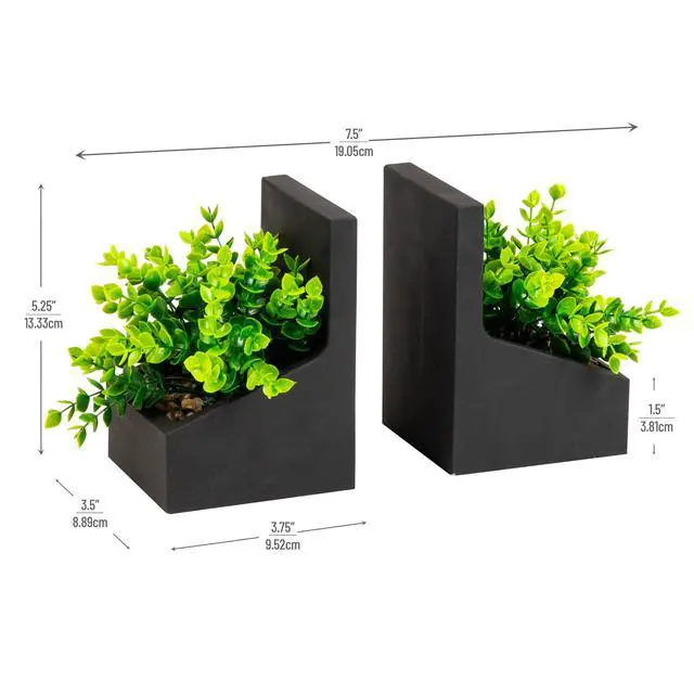 Alt view image 3 of 5 - Contemporary Planter Bookends, Book Holders with Faux Greenery, Decorative Desktop or Shelf Organizer, Cement, Set of 2, Black