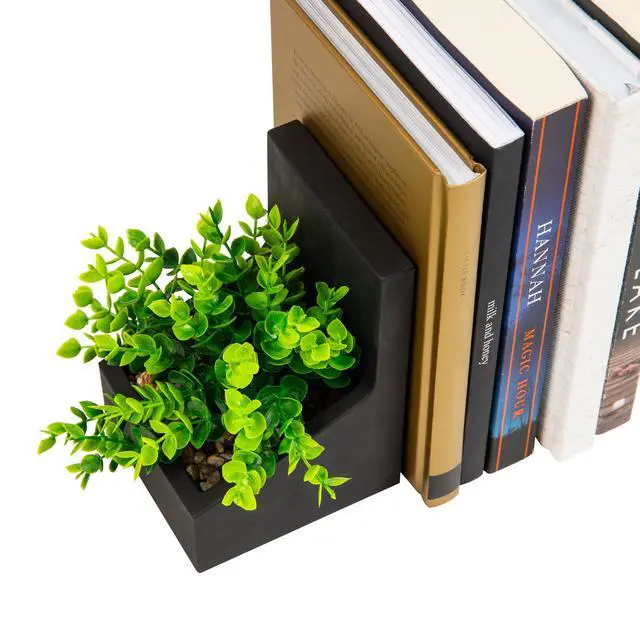 Alt view image 4 of 5 - Contemporary Planter Bookends, Book Holders with Faux Greenery, Decorative Desktop or Shelf Organizer, Cement, Set of 2, Black
