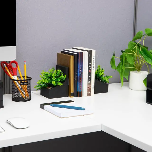 Alt view image 5 of 5 - Contemporary Planter Bookends, Book Holders with Faux Greenery, Decorative Desktop or Shelf Organizer, Cement, Set of 2, Black